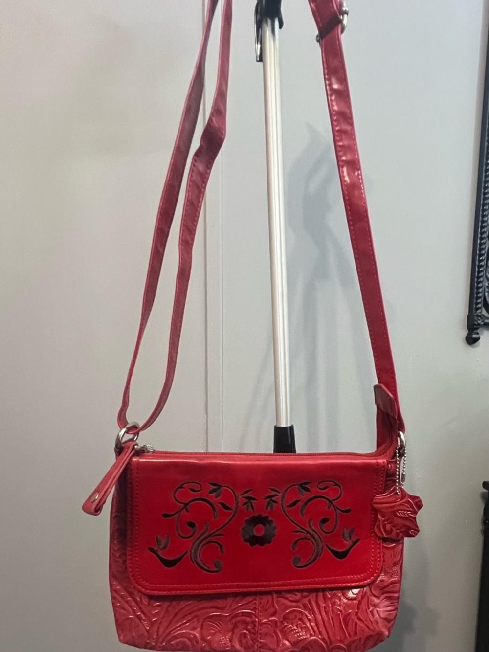 M.C. Red Embossed Floral Appliqué Western Crossbody Bag Purse cowgirls